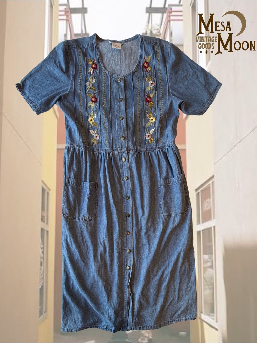 Vintage Embroidered Floral Blue Denim Button-Front Dress